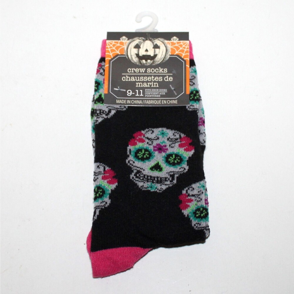 1 pair Socks Dรญa De Los Muertos black pink size 9 - 11 Skull Halloween unisex